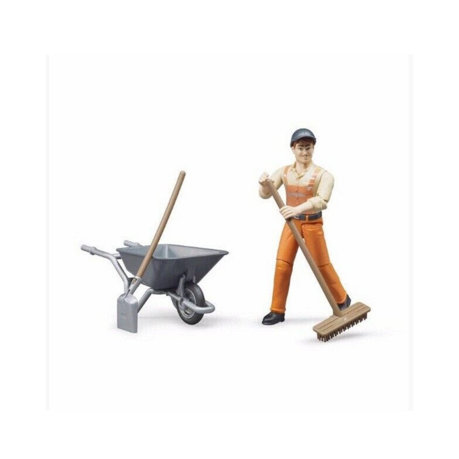 Farm Toys Bruder | Worker With Wheelbarrow & Tools